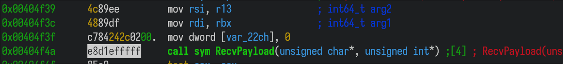 Disassembly of the code receiving payload from the C2