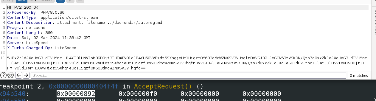 Screenshot of Burp Suite monitoring requests with the C2 juxtaposed with hex view of response